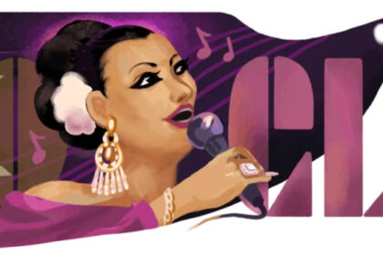 Lola Beltrán holding a microphone, depicted in the Google Doodle celebrating her 92nd birthday.